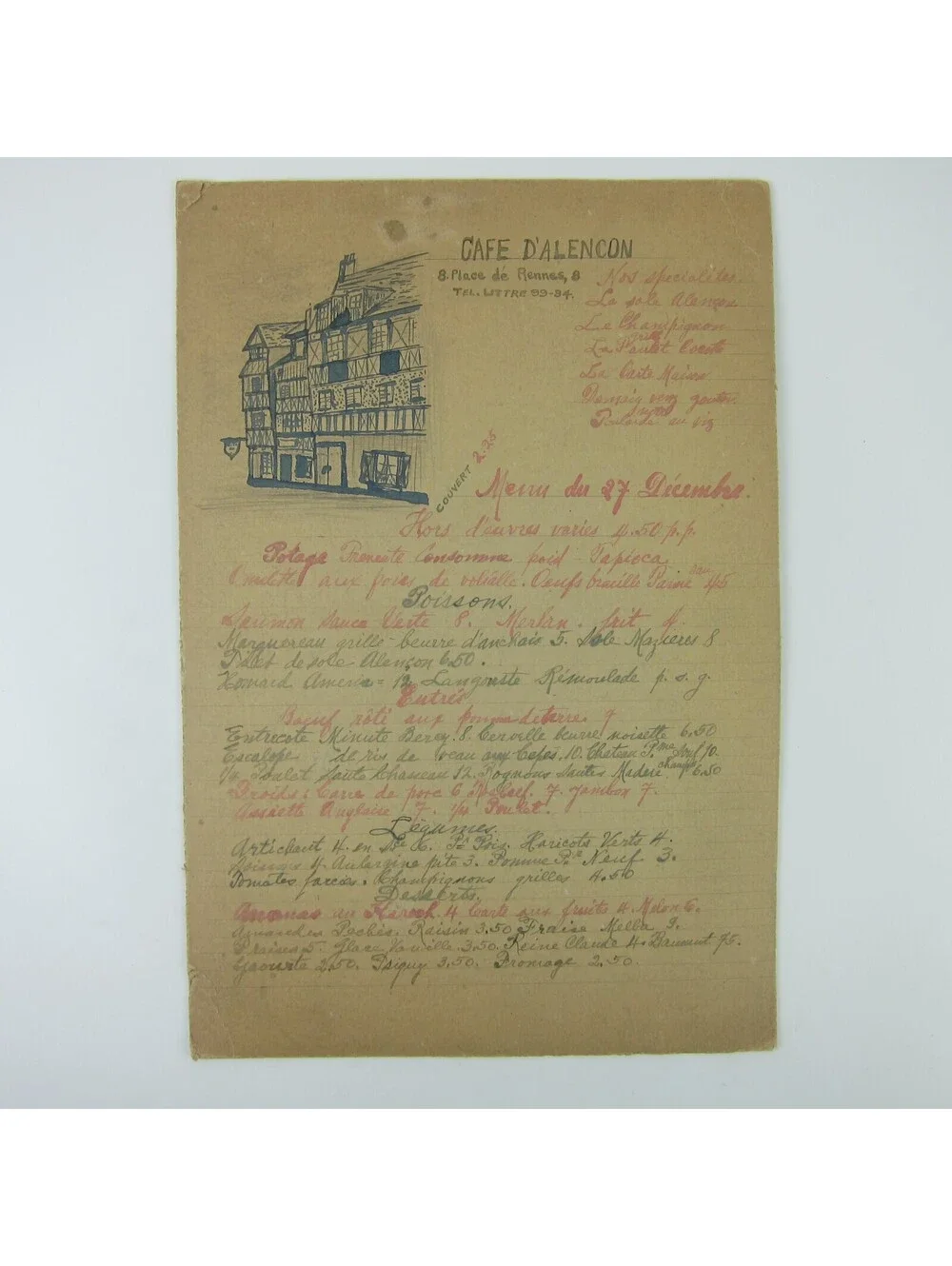 Antique 1920s Menu Cafe D'Alencon Montparnasse Paris France Wine Prices Handmade